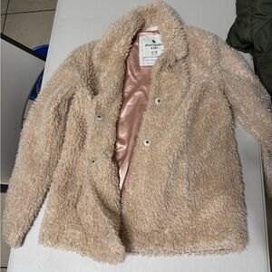 Abercrombie Kids Fuzzy Beige Jacket with Pink Lining